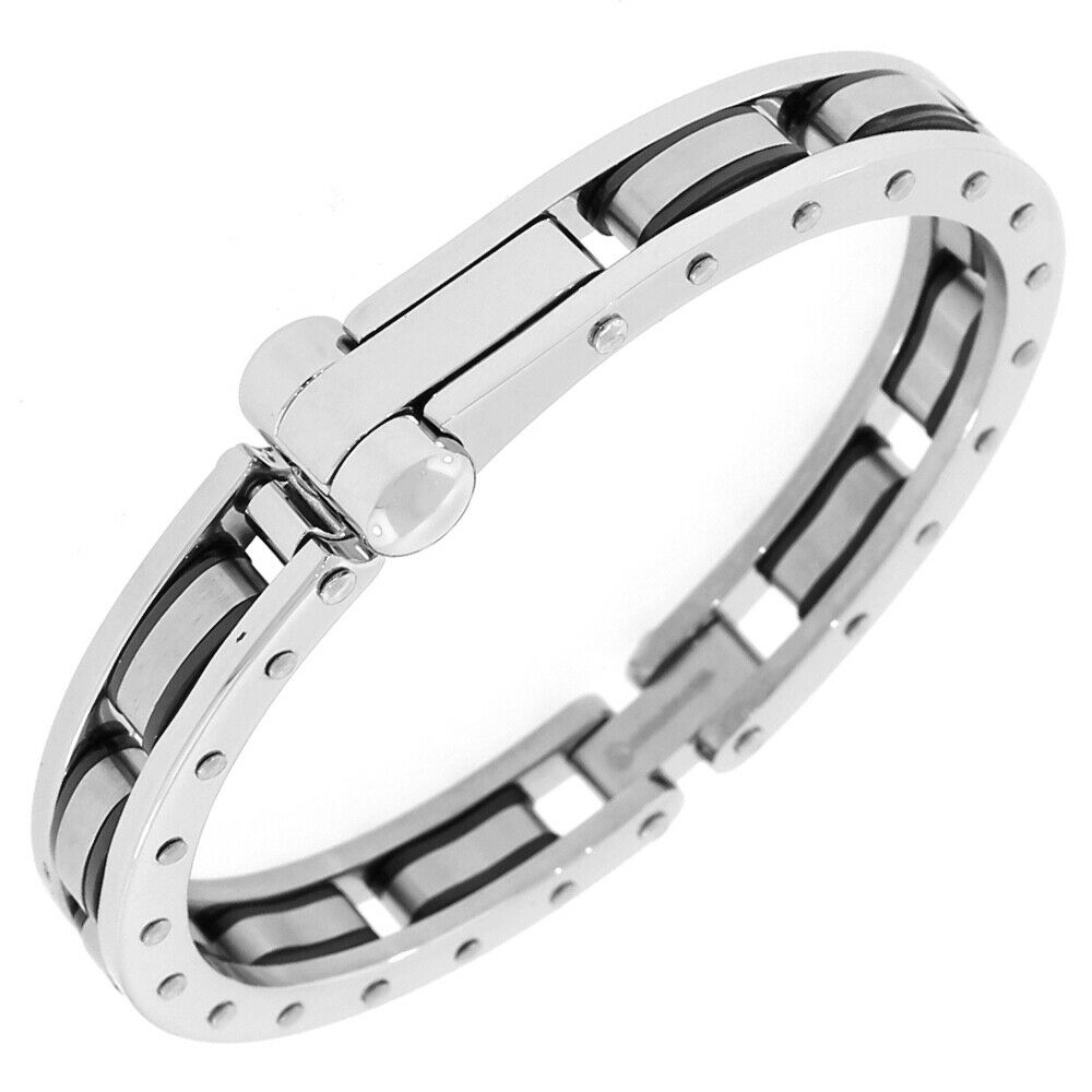 

Stainless Steel Silver-Tone Black Handcuff Mens Bracelet with Clasp