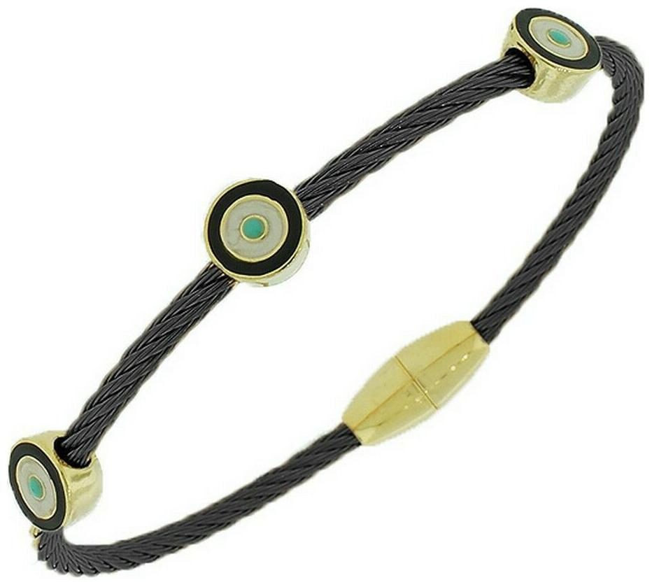 

Stainless Steel Black Chrome Strap Multicolor Evil Eye Hamsa Bracelet with Clasp
