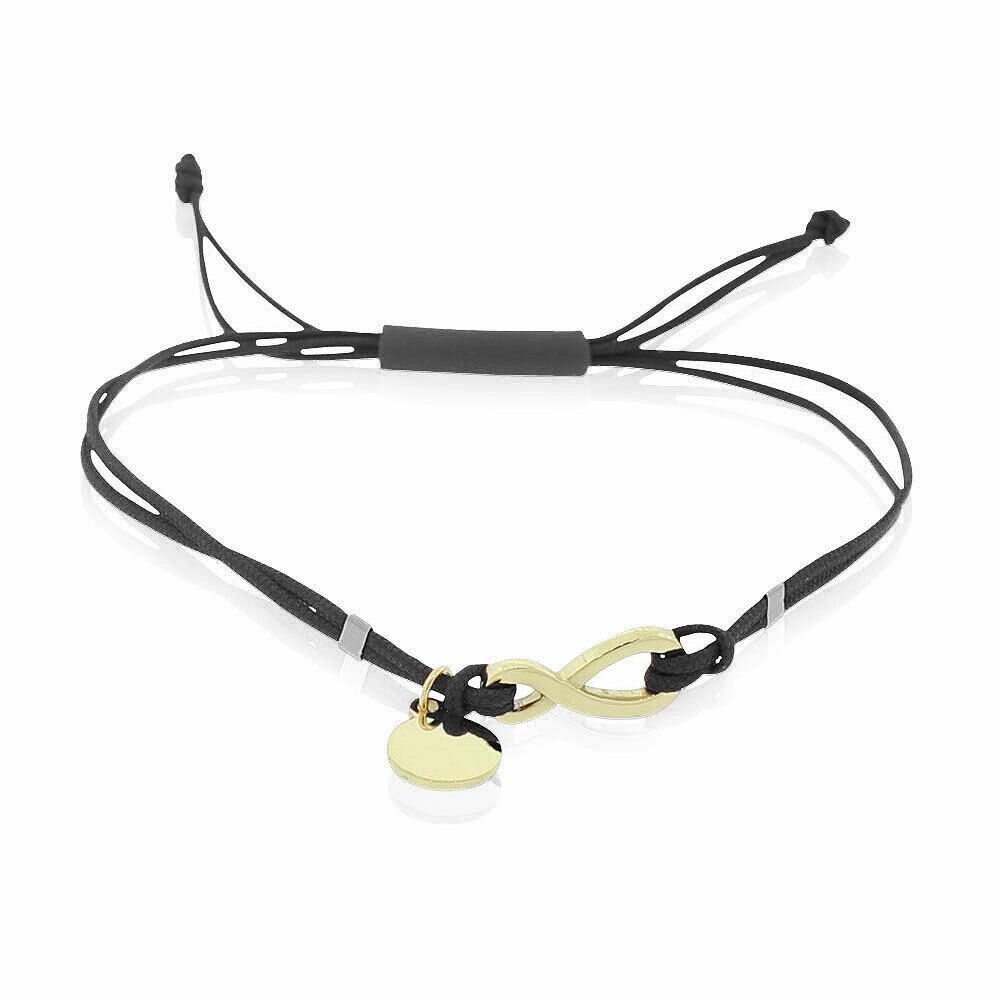 

Stainless Steel Yellow Gold-Tone Black Cord Infinity Charm Adjustable Bracelet