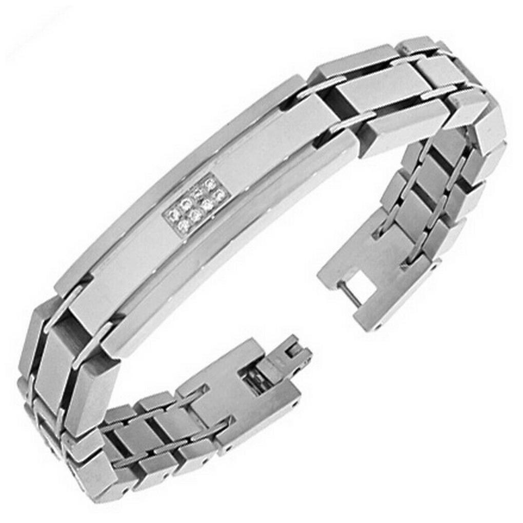 

Stainless Steel Silver-Tone Link Chain White Round Crystals CZ Mens Bracelet