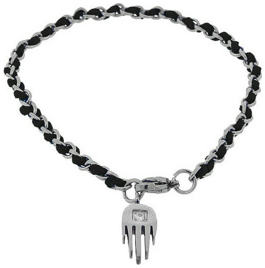 

Stainless Steel Black Strap White Crystal Silver Tone Evil Eye Hamsa Bracelet