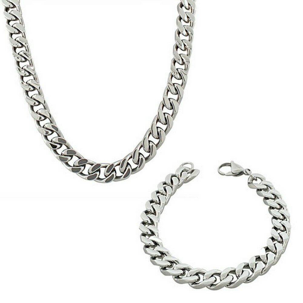 

Stainless Steel Silver-Tone Mens Classic Cuban Link Chain Necklace Bracelet Set