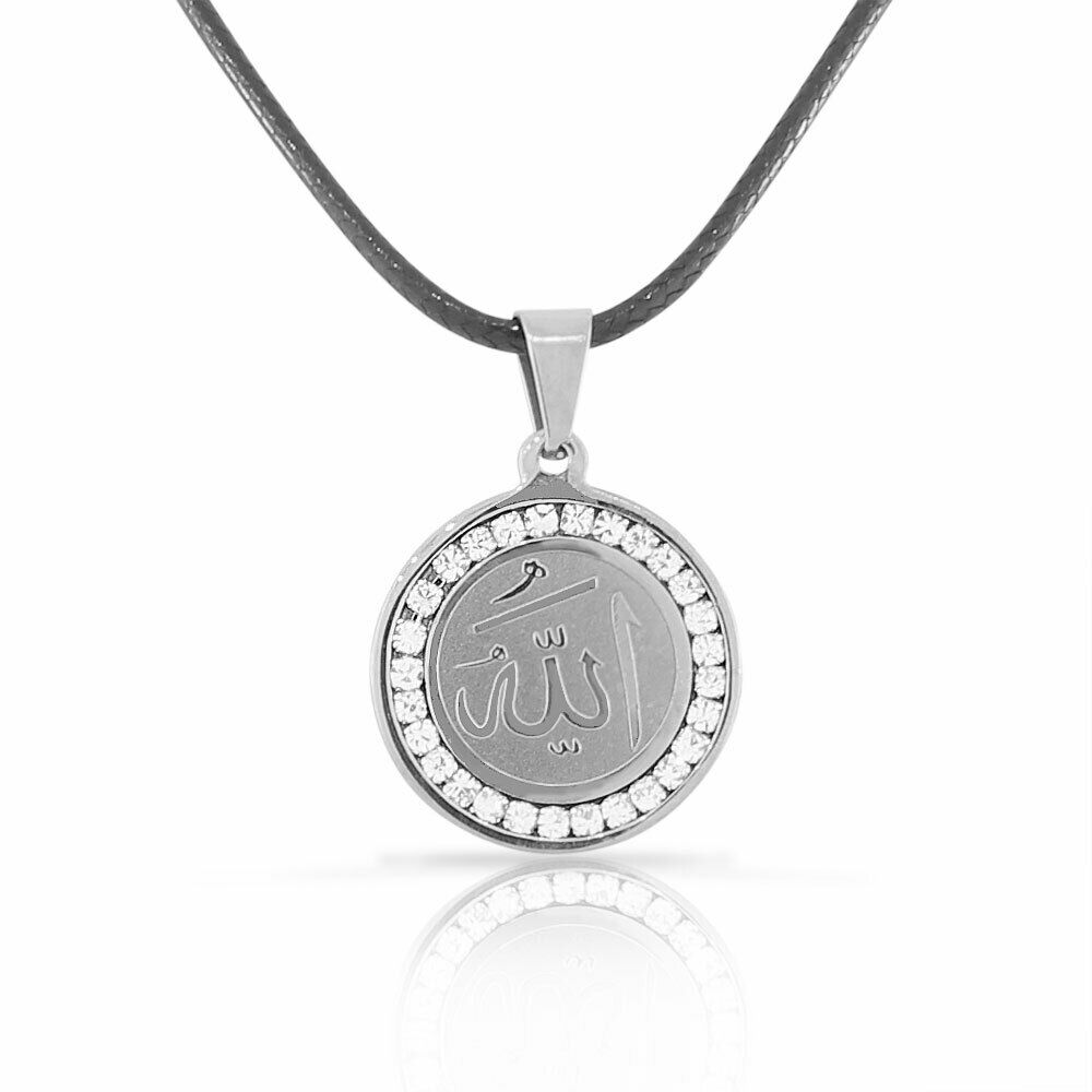 

Stainless Steel Silver-Tone Crystals CZ Muslim Islam God Allah Pendant Necklace