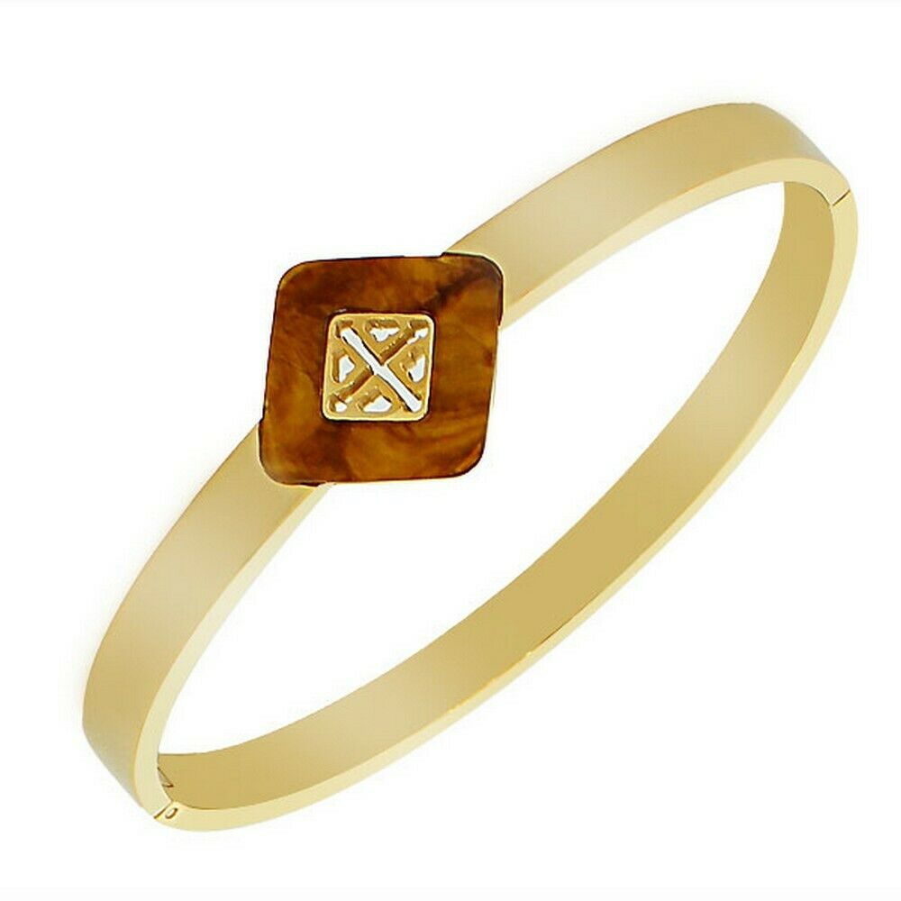 

Stainless Steel Yellow Gold-Tone Amber Filigree Womens Bangle Bracelet