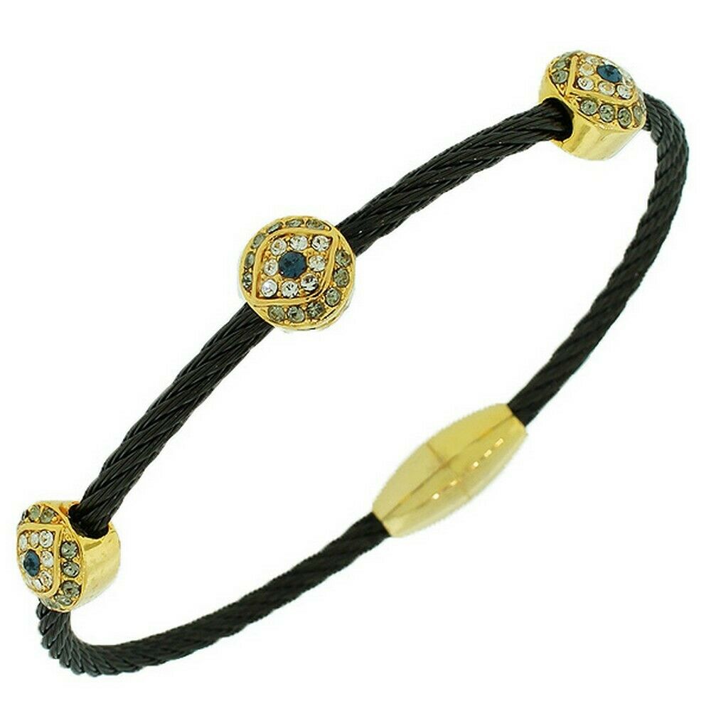 

Stainless Steel Crystals Black Chrome Yellow Gold Tone Evil Eye Hamsa Bracelet