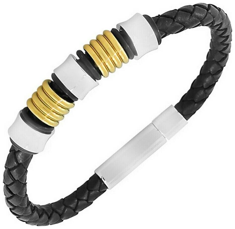 

Stainless Steel Black Leather Silver Yellow Gold-Tone Mens Bangle Bracelet