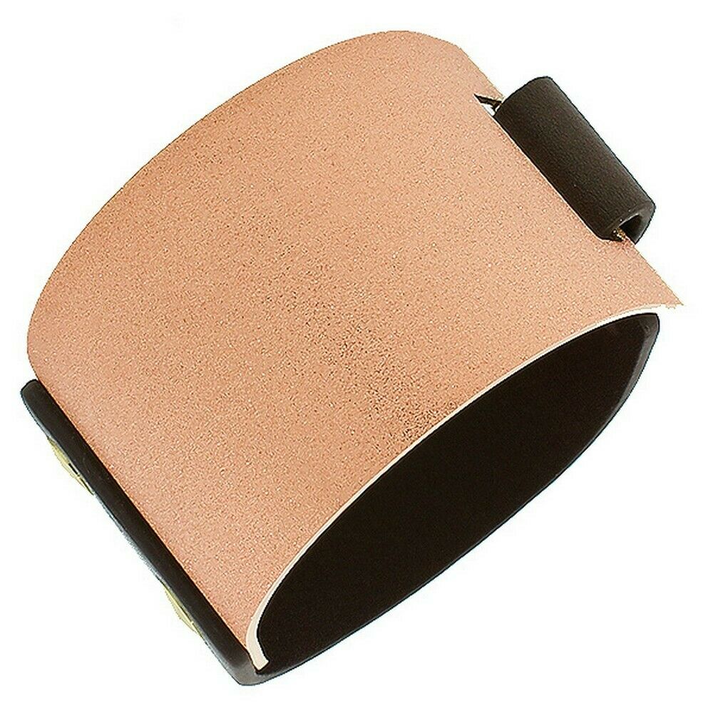 

Stainless Steel Brown Leather Rose Gold Tone Large Wristband Womens Bracelet