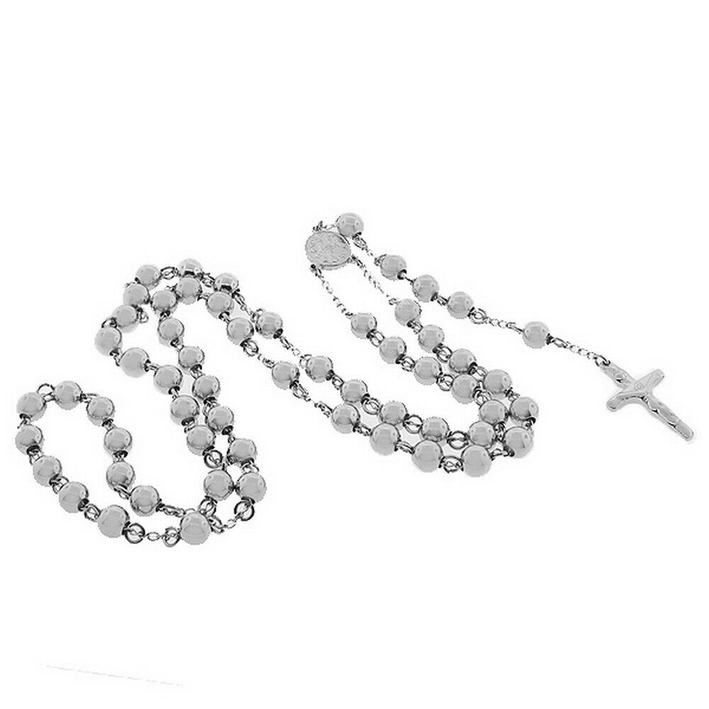 

Stainless Steel Silver-Tone Beads Rosary Necklace Pendant 8mm