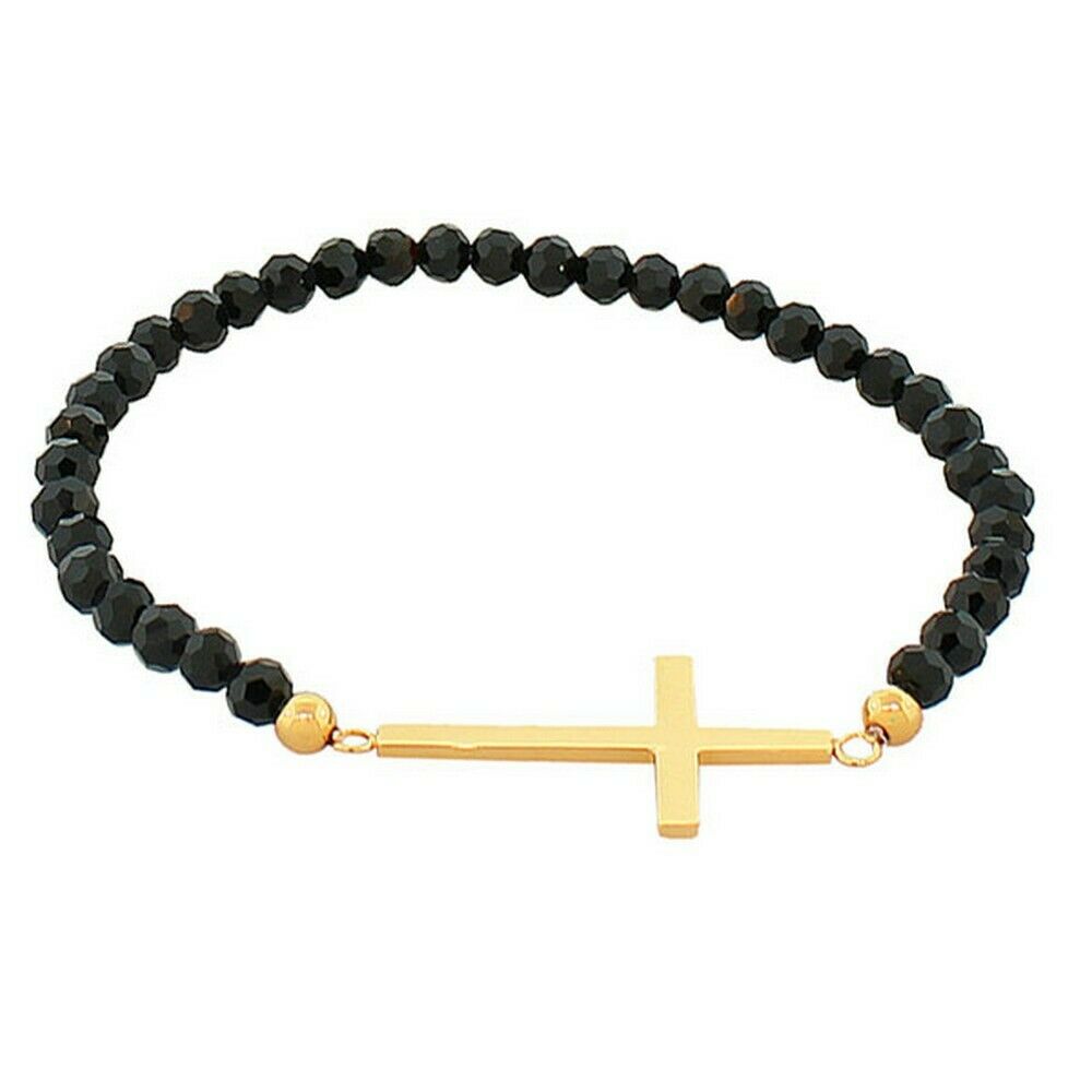 

Stainless Steel Stretch Black Faceted Horizontal Cross Gold Beaded Bracelet