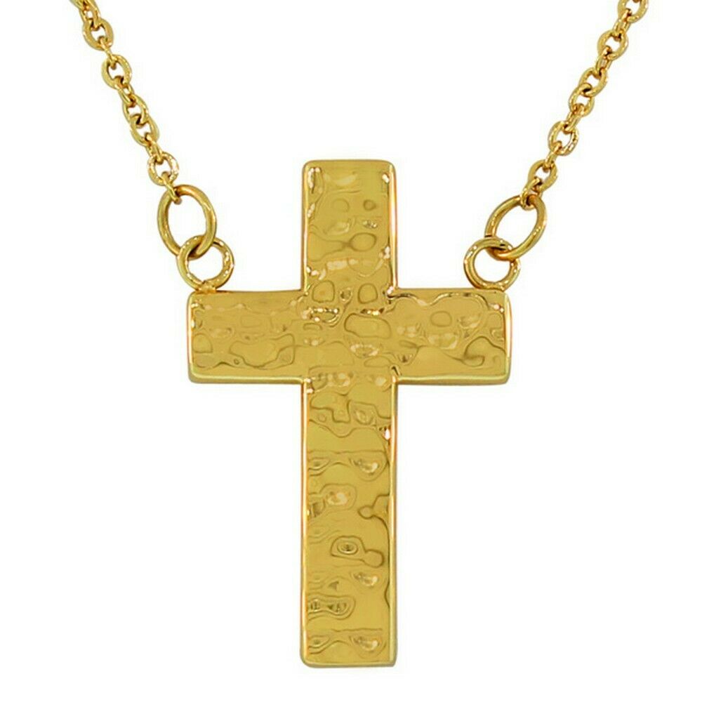

Stainless Steel Yellow Gold-Tone Hammered Finish Cross Pendant Necklace