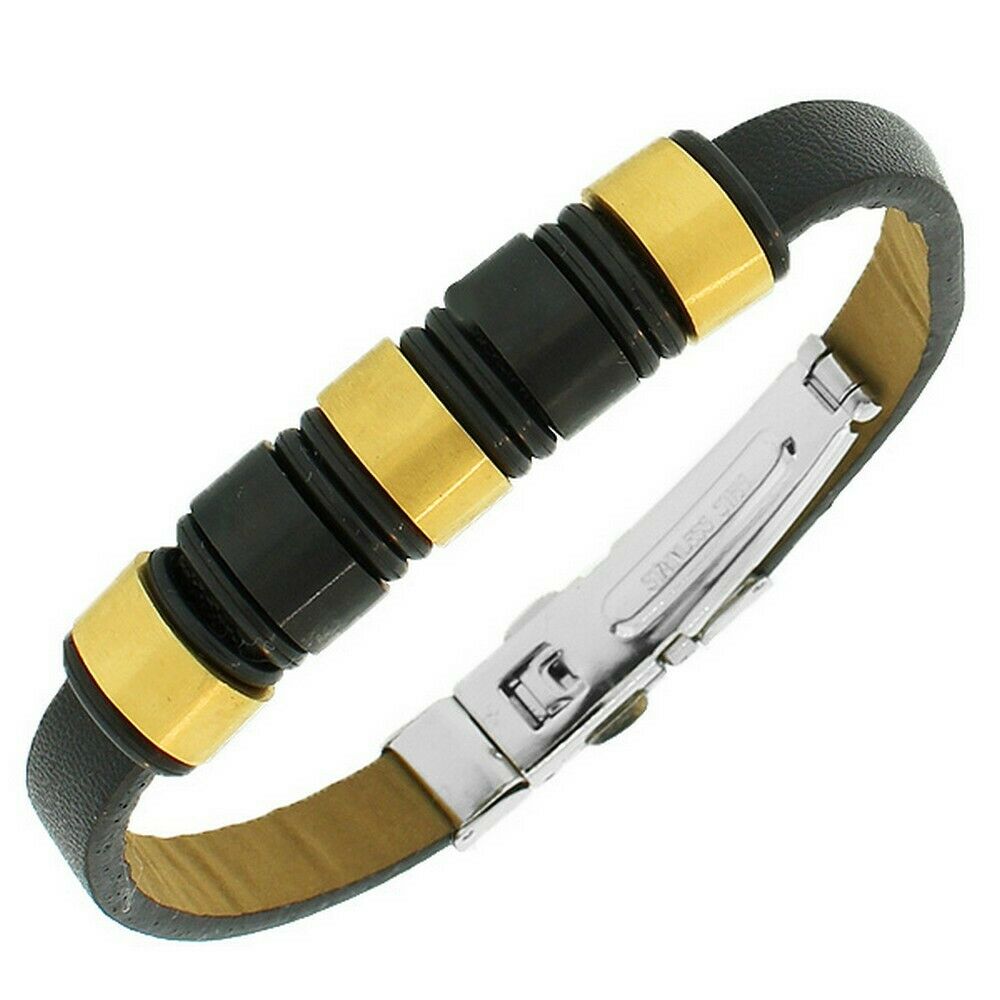 

Stainless Steel Black Leather White Yellow Gold Silver Tone Mens Bracelet