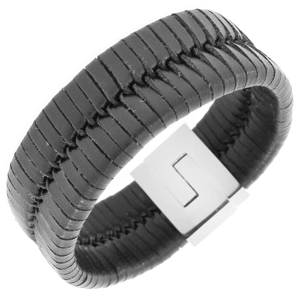 

Stainless Steel Black Leather Silver-Tone Wide Mens Wristband Bracelet