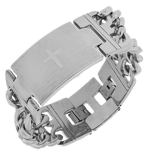 

Stainless Steel Our Father Lords Prayer Spanish Cross Mens Chain Bracelet