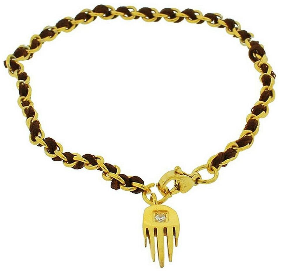 

Stainless Steel Brown Strap White Crystal Gold Tone Evil Eye Hamsa Bracelet
