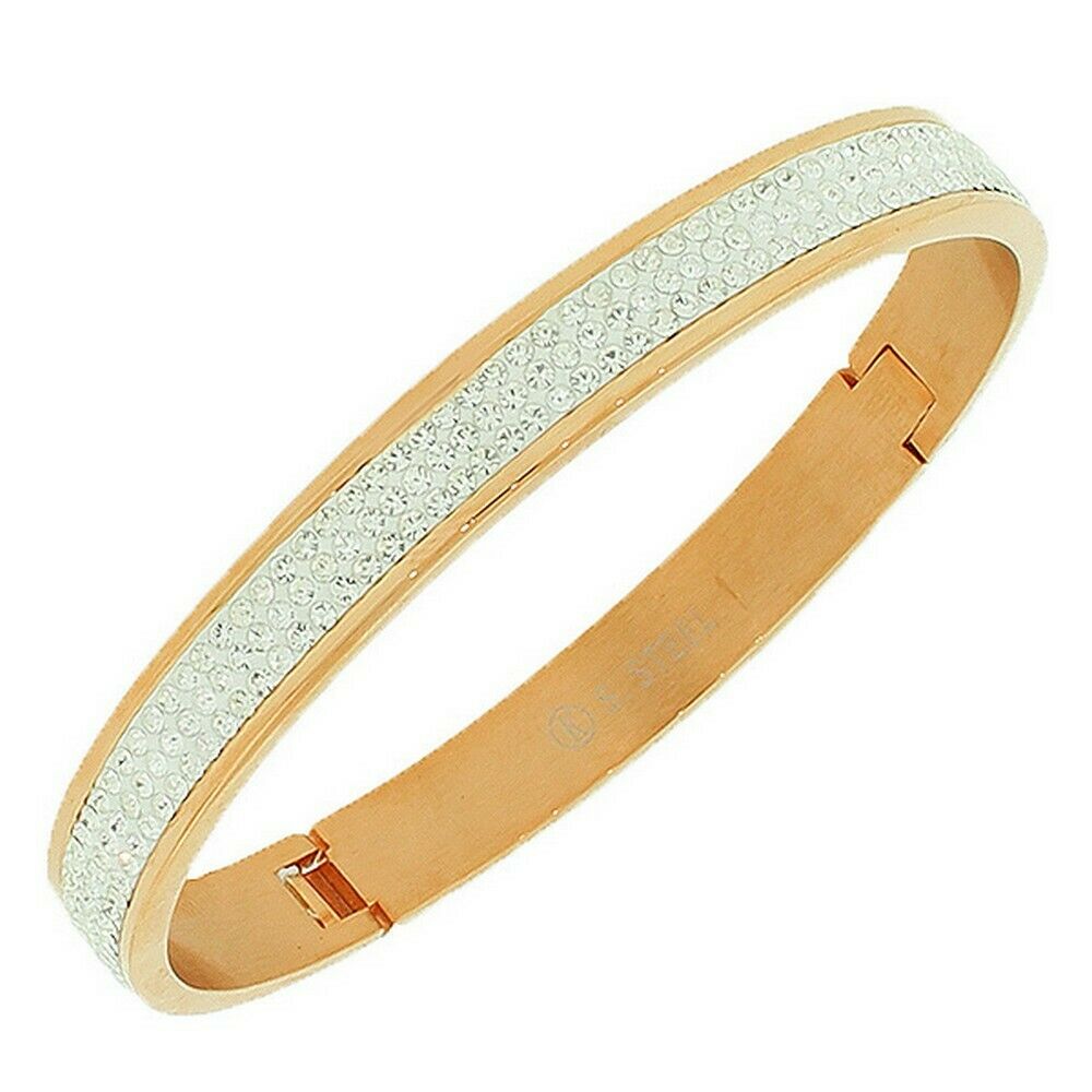 

Stainless Steel Rose Gold Tone White Crystals CZ Womens Cuff Bangle Bracelet