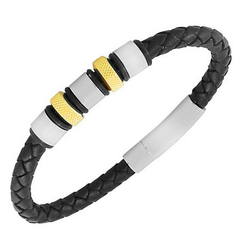 

Stainless Steel Black Leather Silver Yellow Gold-Tone Mens Bangle Bracelet