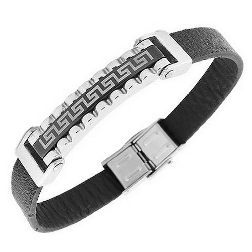 

Stainless Steel Black Leather Greek Key Silver Tone Mens Bracelet