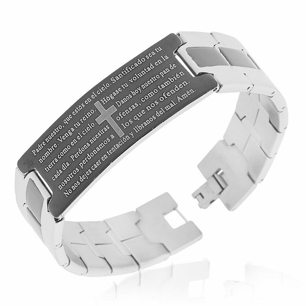 

Stainless Steel Black Silver-Tone Padre Nuestro Prayer Spanish Mens Bracelet 8