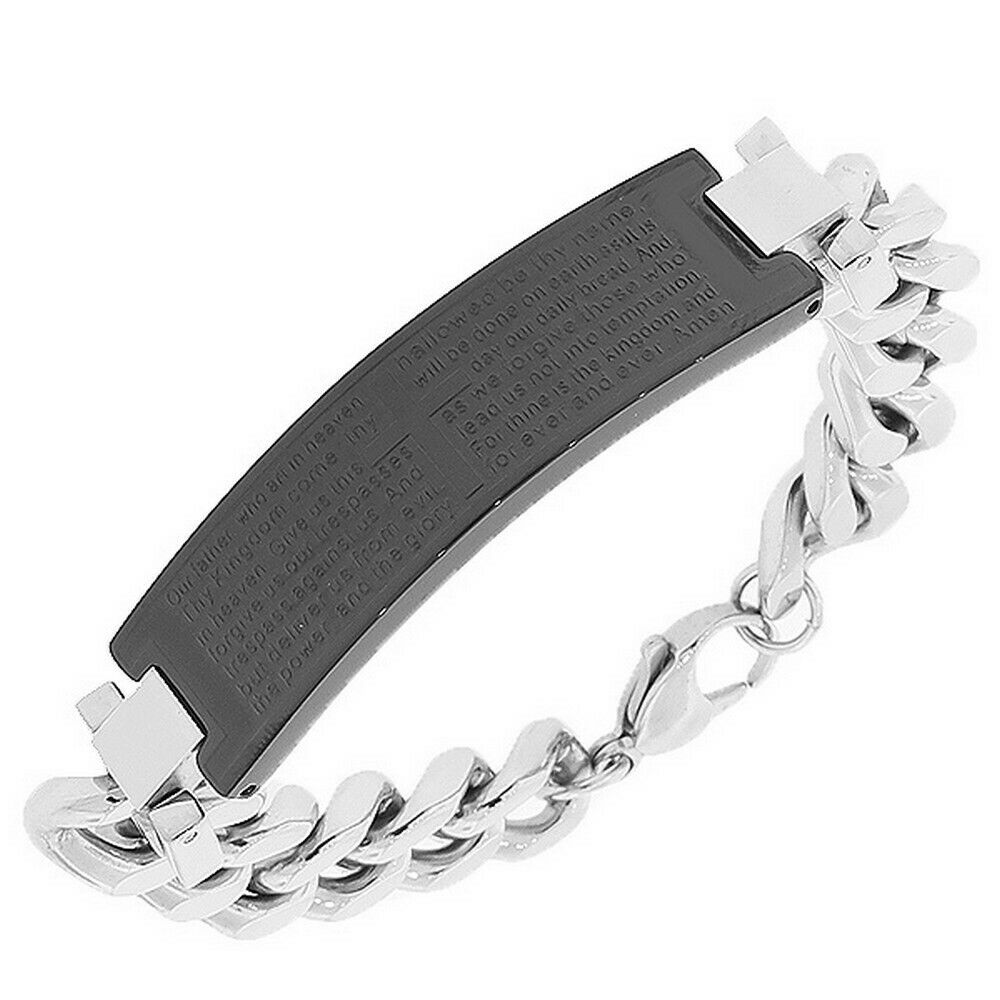 

Stainless Steel Silver Chrome Religious Cross English Lords Prayer Mens Bracelet