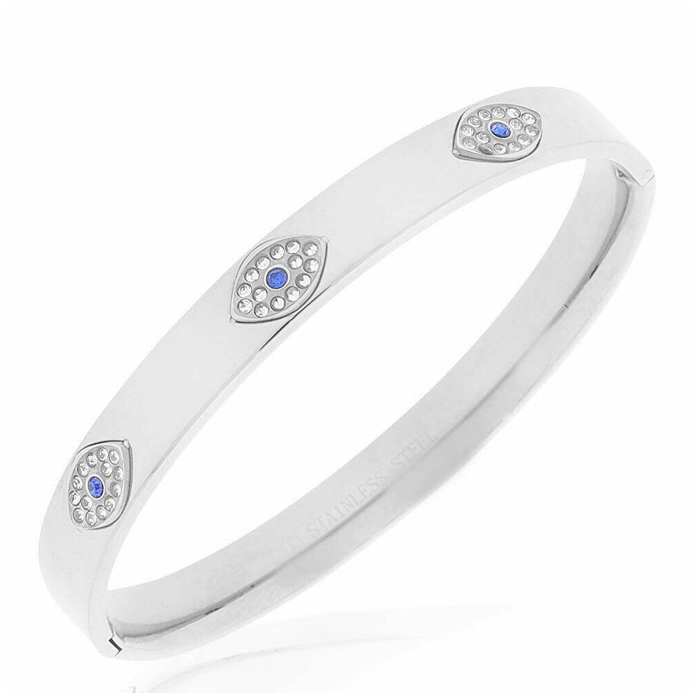 

Stainless Steel Silver-Tone White Blue CZ Evil Eye Protection Bangle Bracelet