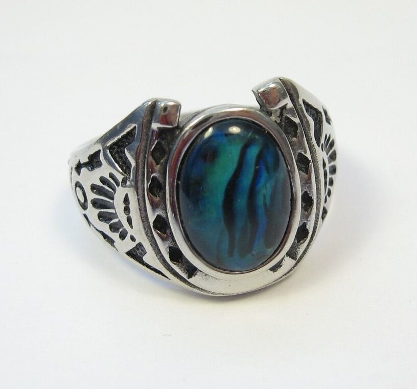 

Stainless Steel Abalone Shell Horseshoe Ring Size 9 10 11 12 13 14 Paua Hypo