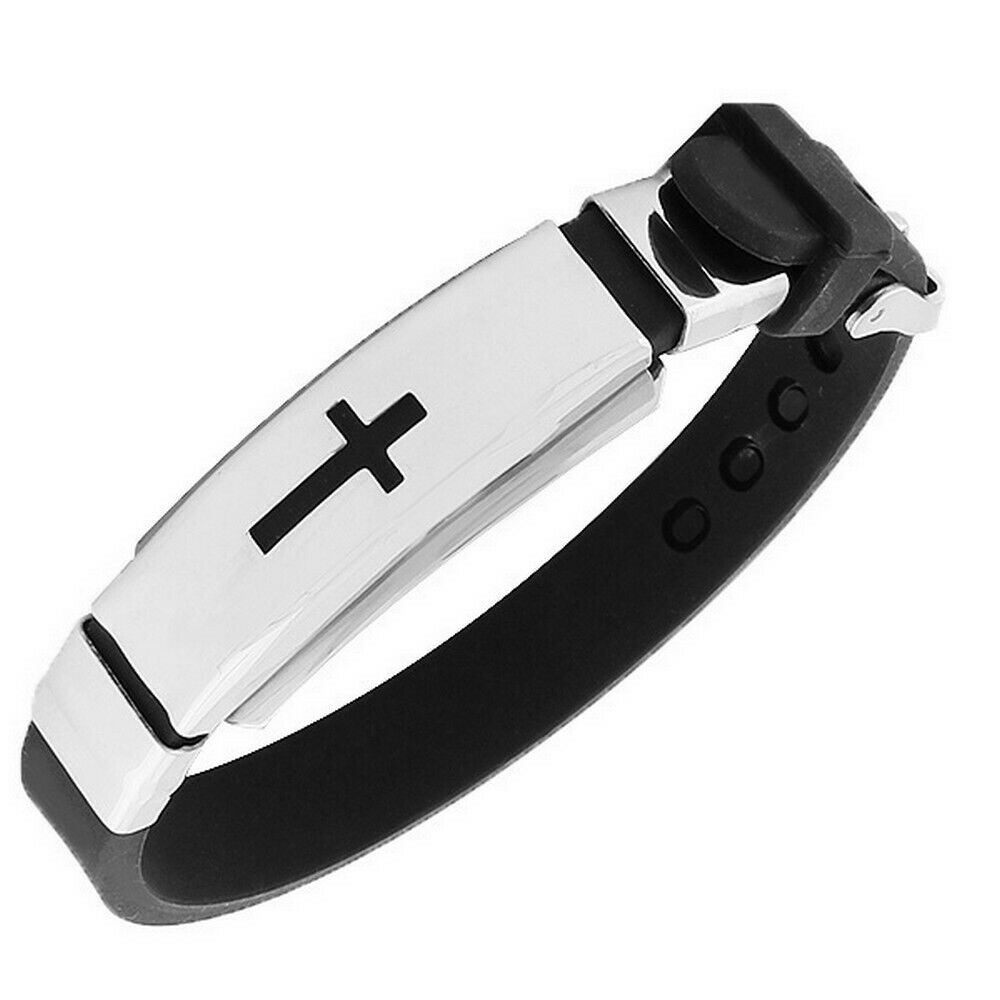 

Stainless Steel Black Rubber Silver Tone Latin Cross Mens Bangle Bracelet