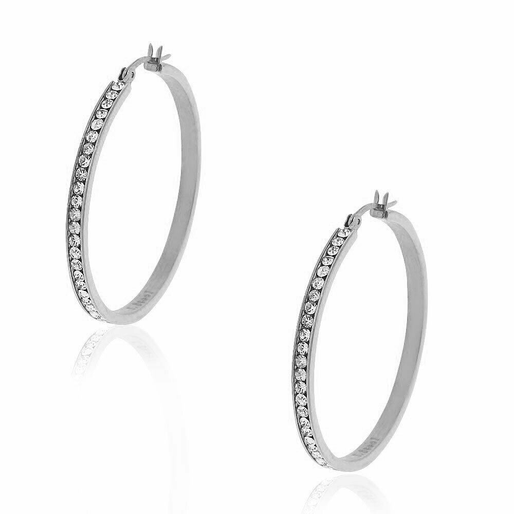 

Stainless Steel Silver-Tone White Clear CZ Round Hoops Earrings 1 85