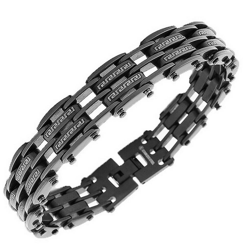 

Stainless Steel Black Tone Link Chain Greek Key Mens Bracelet