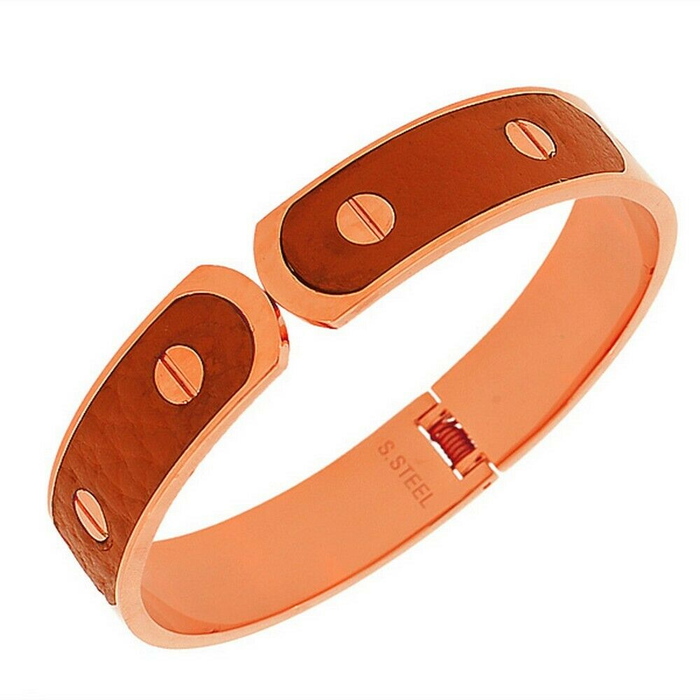

Stainless Steel Rose Gold-Tone Brown Cuff Womens Bangle Bracelet
