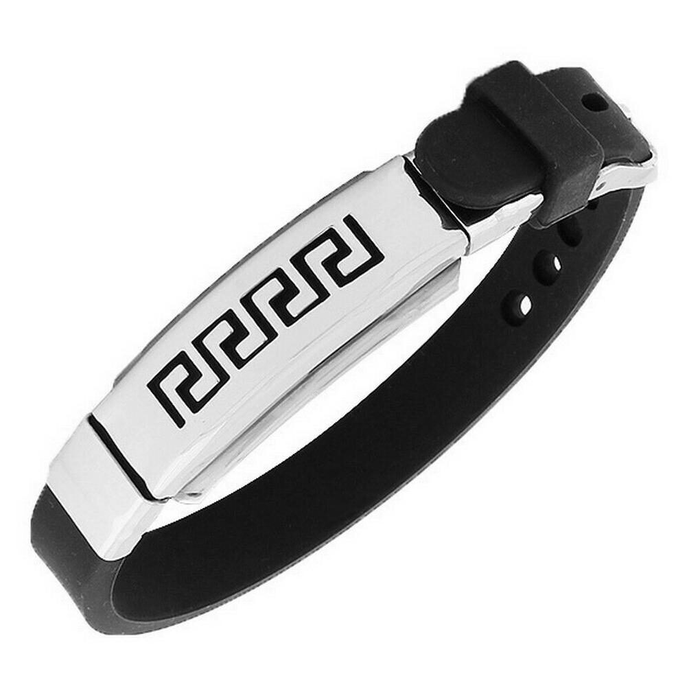 

Stainless Steel Black Rubber Silver Tone Greek Key Mens Bangle Bracelet