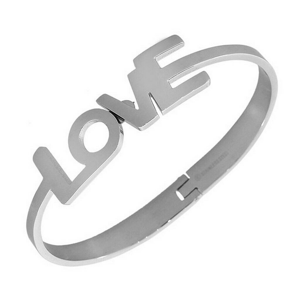 

Stainless Steel Oval Silver-Tone Love Heart Womens Bangle Bracelet with Clasp