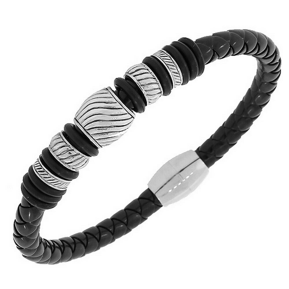 

Stainless Steel Black Leather White Gold Silver-Tone Wristband Unisex Bracelet
