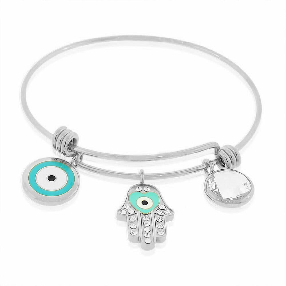 

Stainless Steel Silver-Tone Crystal Hamsa Evil Eye Bangle Bracelet