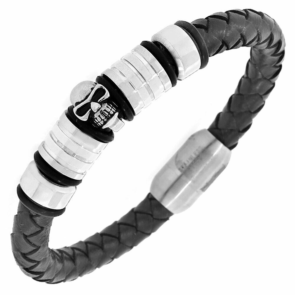 

Stainless Steel Black Leather Silver-Tone Skull Mens Bracelet