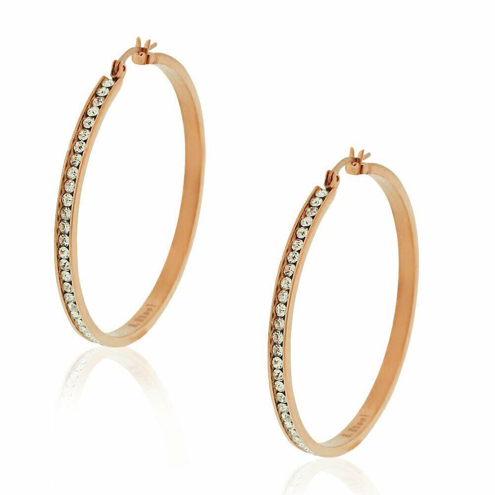 

Stainless Steel Rose Gold-Tone White Clear CZ Round Hoops Earrings 2 00