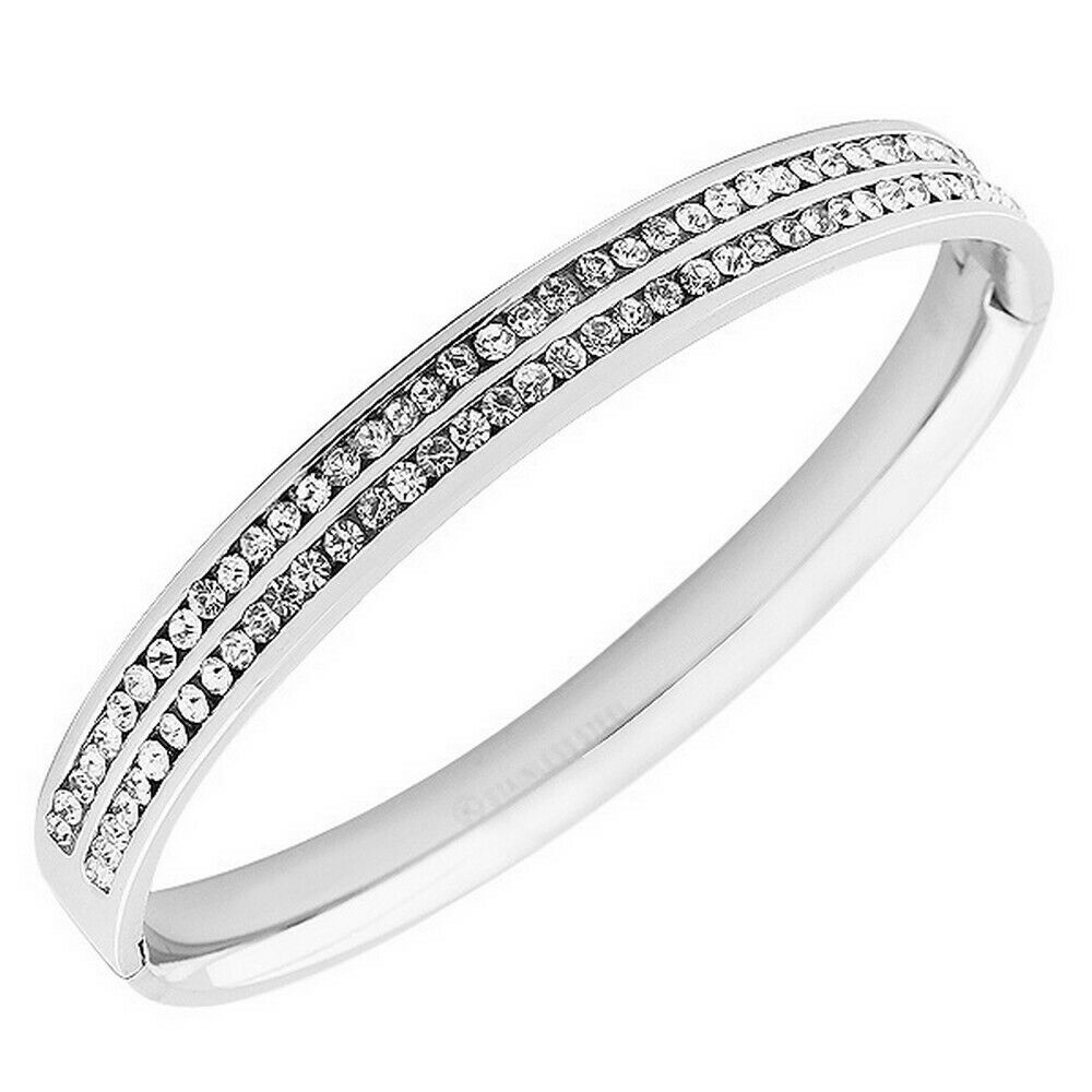 

Stainless Steel Silver-Tone Double Row White CZ Bangle Bracelet