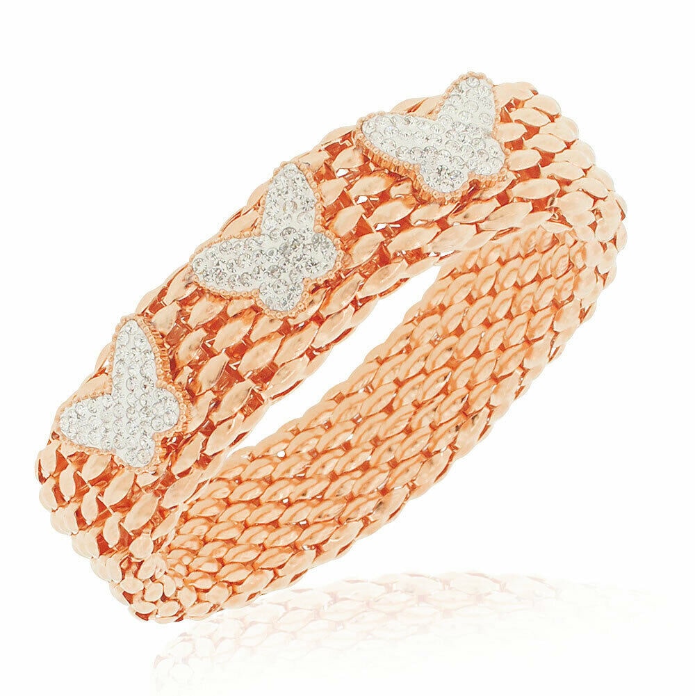 

Stainless Steel Rose Gold-Tone Clear CZ Mesh Stretch Butterflies Bracelet 8