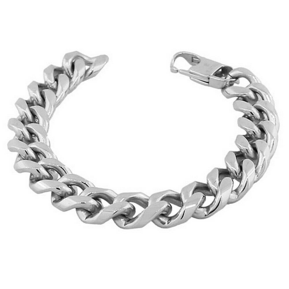 

Stainless Steel Silver-Tone Mens Classic Links Cuban Chain Bracelet with Clasp