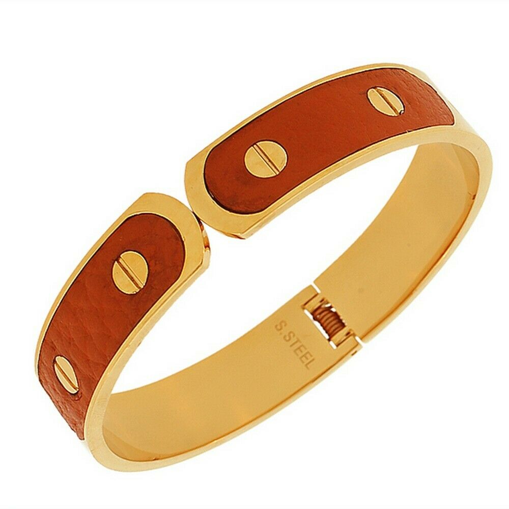 

Stainless Steel Yellow Gold-Tone Brown Cuff Womens Bangle Bracelet
