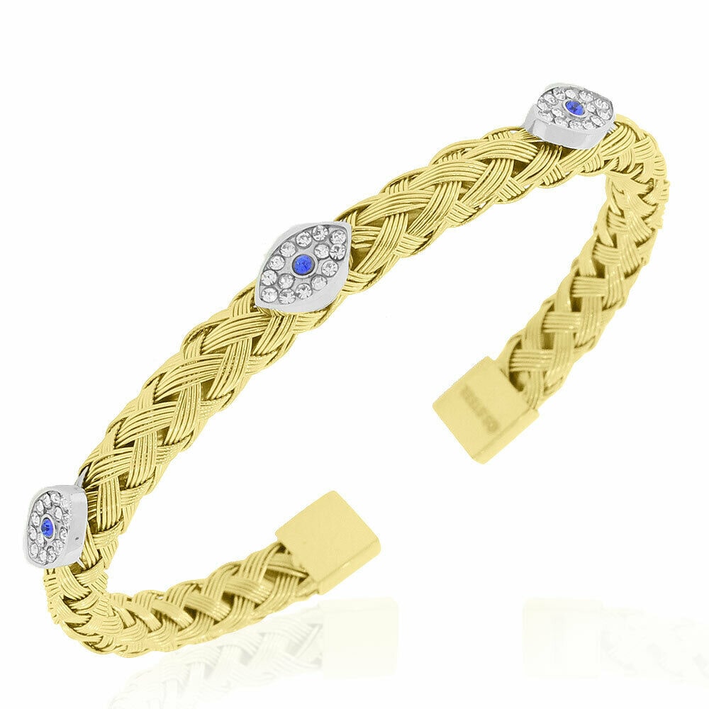 

Stainless Steel Yellow Gold-Tone Braided Open End Evil Eye Protection Bracelet