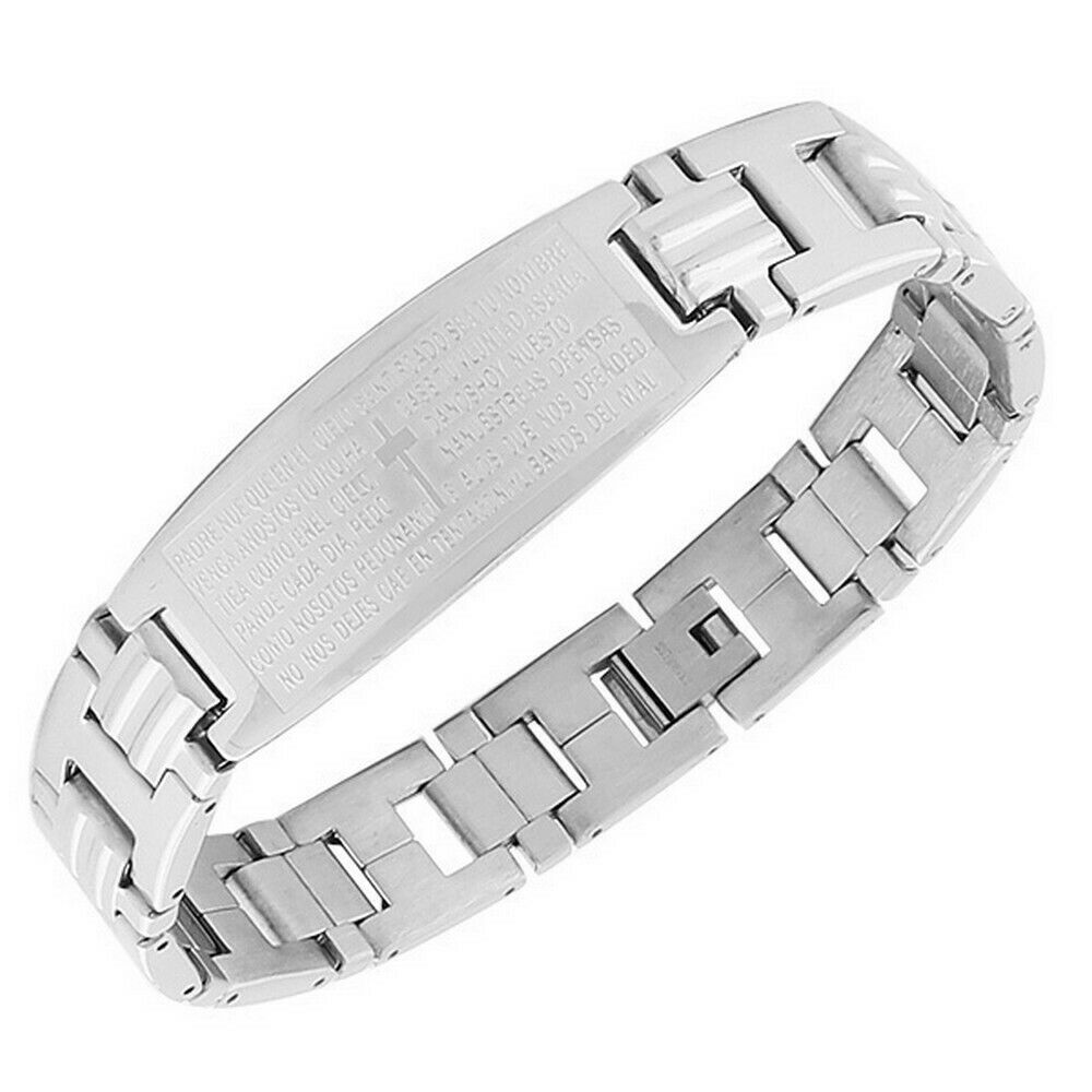 

Stainless Steel Silver Tone Religious Cross Lords Prayer Mens Chain Bracelet