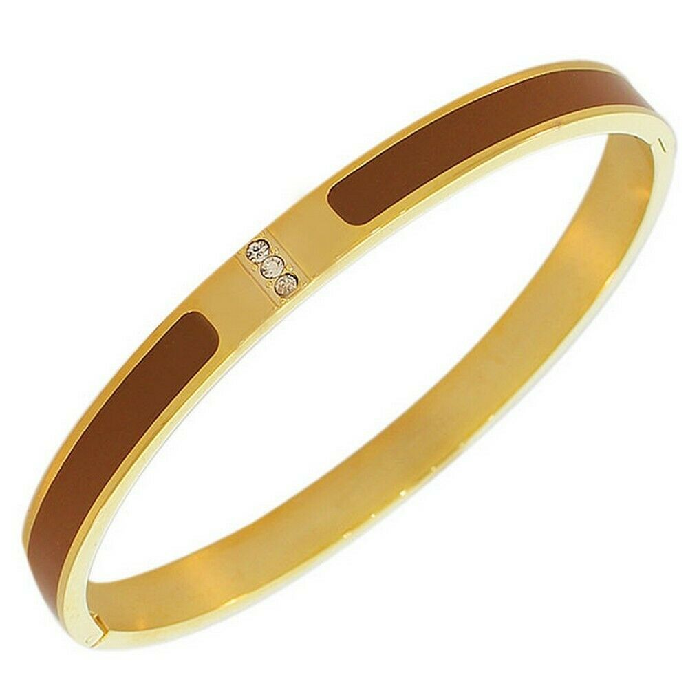 

Stainless Steel Yellow Gold Brown Enamel White Crystals CZ Oval Bangle Bracelet