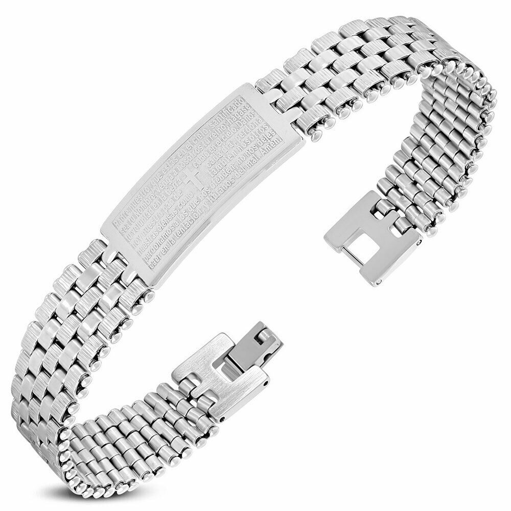 

Stainless Steel Silver-Tone Prayer Spanish Padre Nuestro Mens Bracelet 8 50