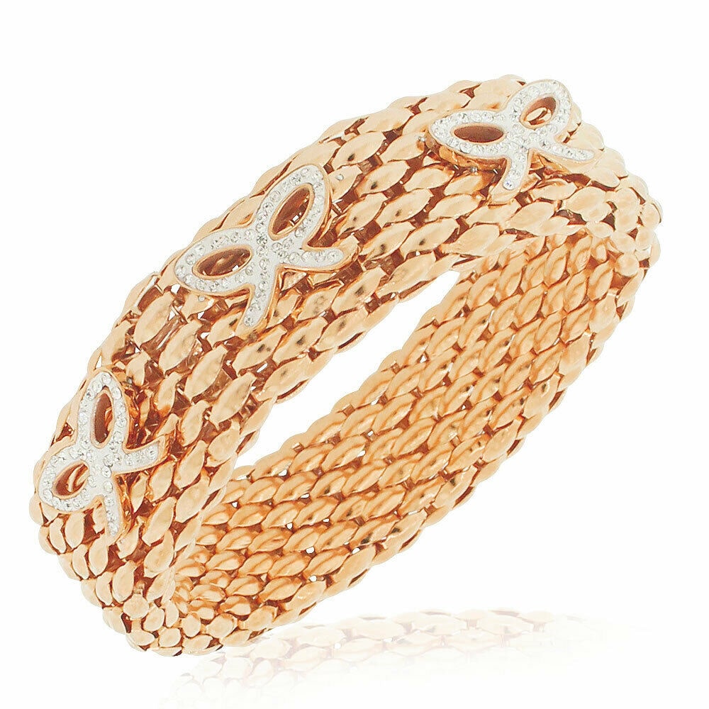 

Stainless Steel Rose Gold-Tone Clear CZ Mesh Stretch Bows Bracelet 8
