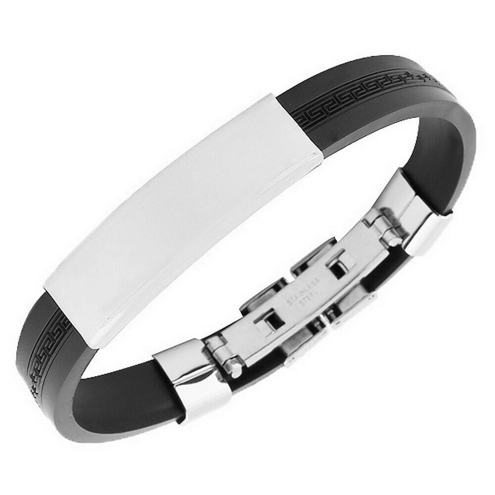 

Stainless Steel Black Rubber Silver Tone Greek Key Name Tag Mens Bangle Bracelet