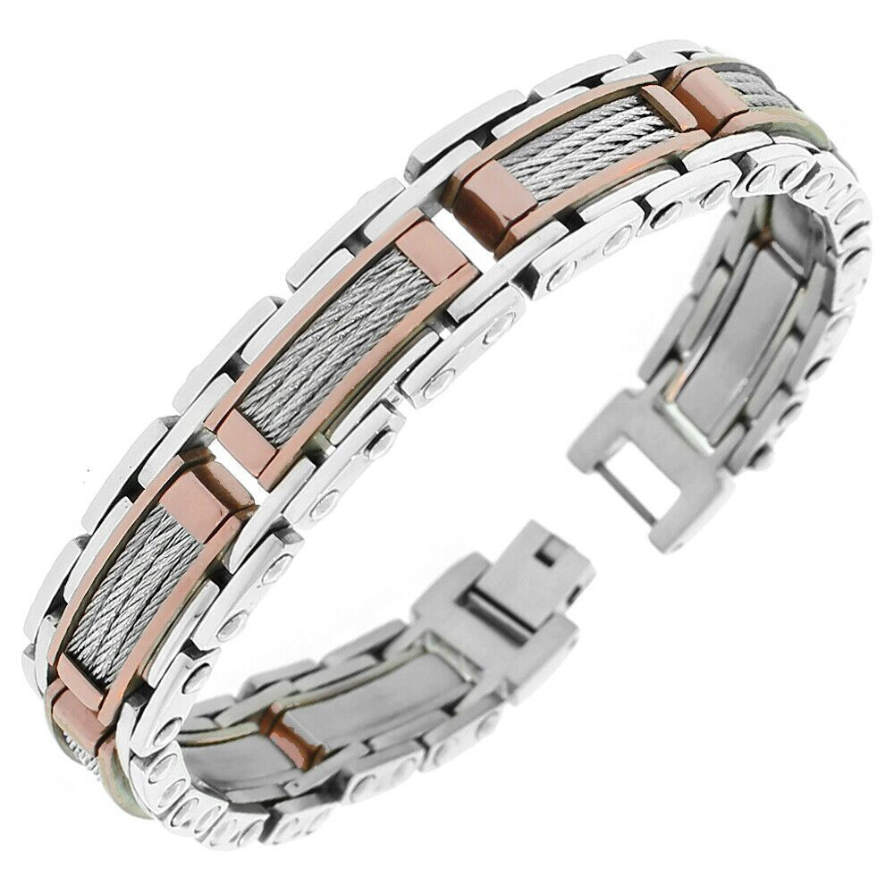 

Stainless Steel Bronze Silver-Tone Twisted Cable Rope Classic Mens Link Bracelet