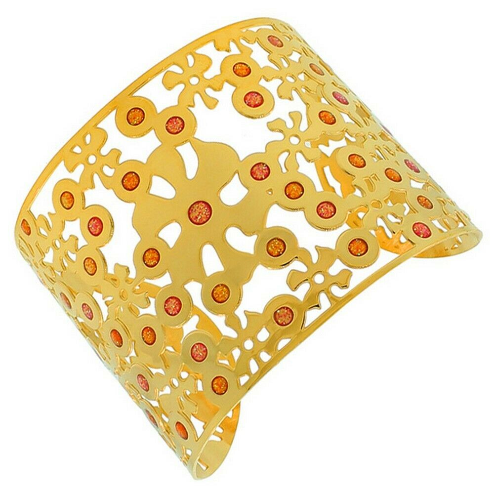 

Stainless Steel Gold-Tone Floral Multicolor Wide Open End Cuff Bracelet