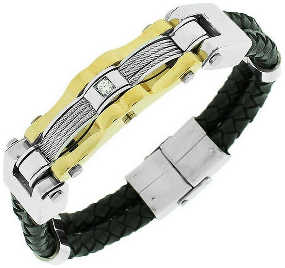

Stainless Steel and Black Leather Two Tone Crystals Unisex Bracelet