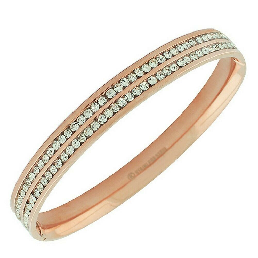 

Stainless Steel Rose Gold-Tone White CZ Bangle Bracelet