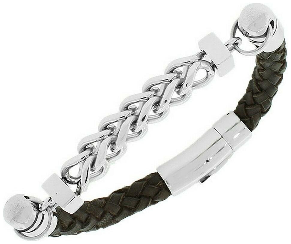 

Stainless Steel Brown Leather Silver Tone Link Chain Mens Bracelet with Clasp